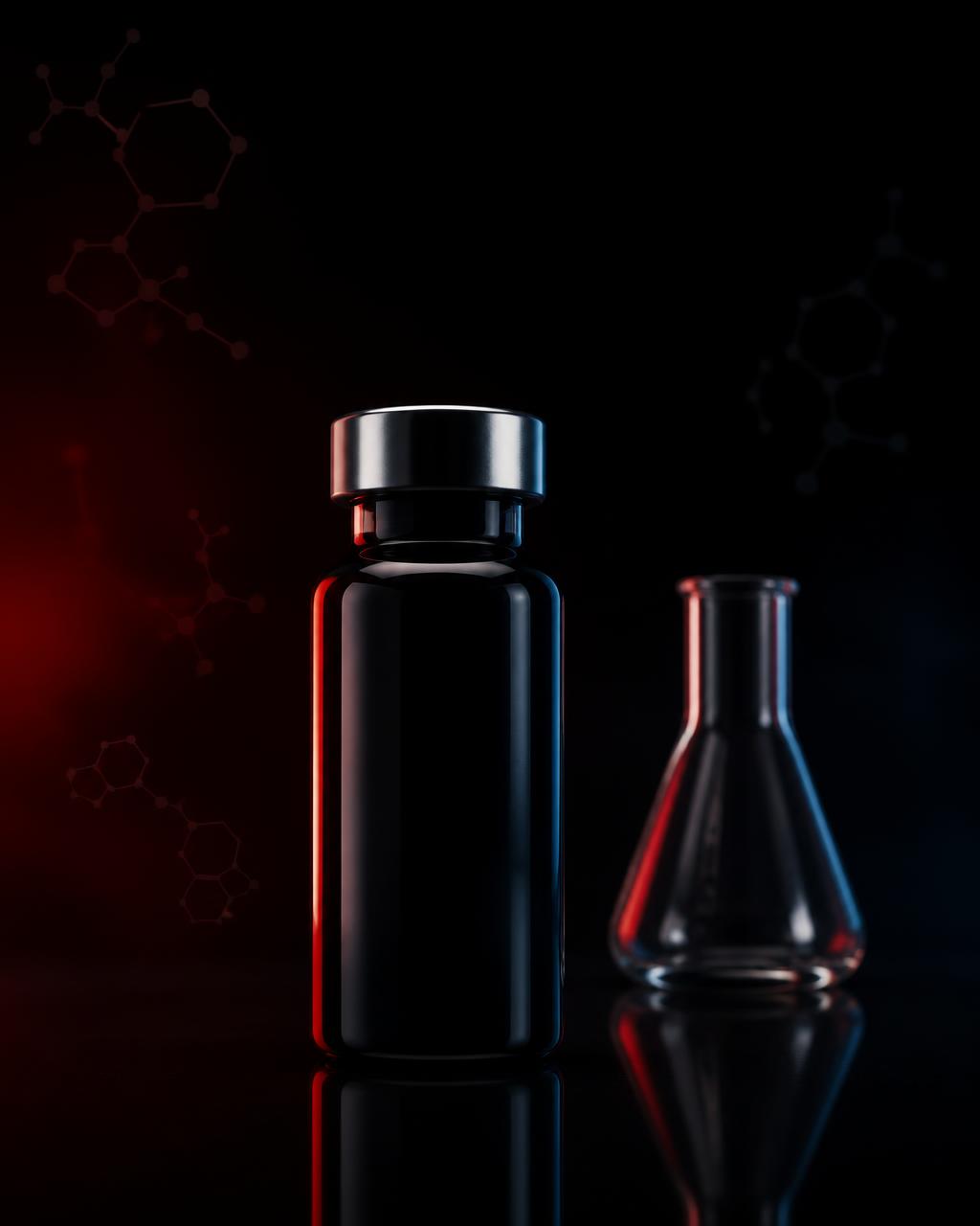 A dark glass research vial and laboratory flask lit with red rim lighting against a black background